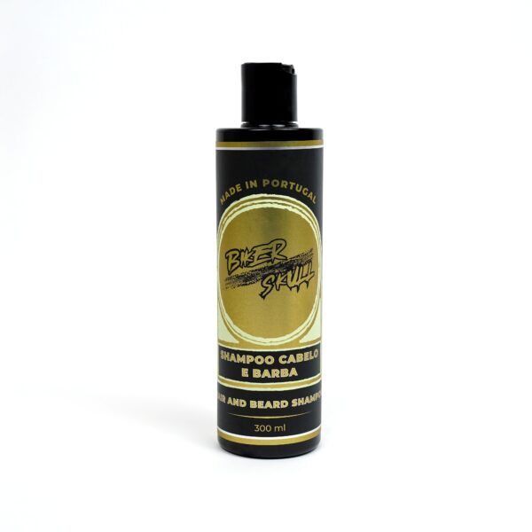 Biker Skull Hair and Beard Shampoo bottle designed for men’s grooming, providing hydration and cleaning for both hair and beard.